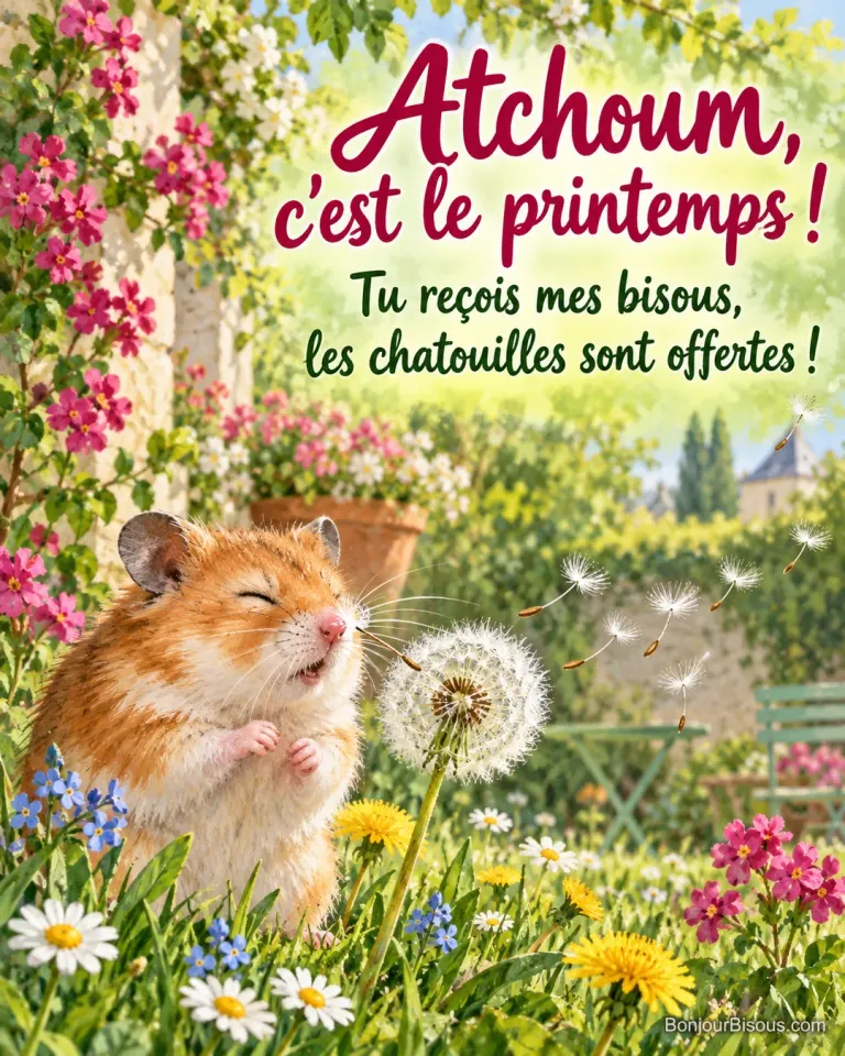 Un hamster roux et blanc éternue en reniflant une aigrette de pissenlit dans un jardin printanier, avec le texte « Atchoum, c’est le printemps ! Tu reçois mes bisous, les chatouilles sont offertes ! ».