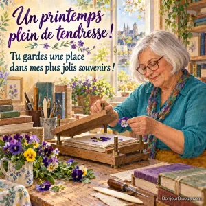 Une relieuse ouvre sa presse-fleurs et retrouve avec émotion une pensée violette séchée dans son atelier, avec le texte « Un printemps plein de tendresse ! Tu gardes une place dans mes plus jolis souvenirs ! ».
