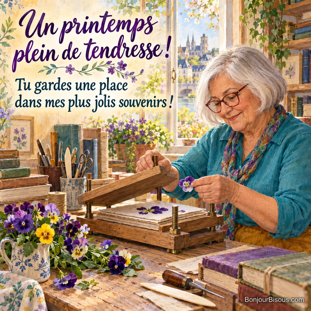 Une relieuse ouvre sa presse-fleurs et retrouve avec émotion une pensée violette séchée dans son atelier, avec le texte « Un printemps plein de tendresse ! Tu gardes une place dans mes plus jolis souvenirs ! ». Une relieuse ouvre sa presse-fleurs et retrouve avec émotion une pensée violette séchée dans son atelier, avec le texte « Un printemps plein de tendresse ! Tu gardes une place dans mes plus jolis souvenirs ! ».