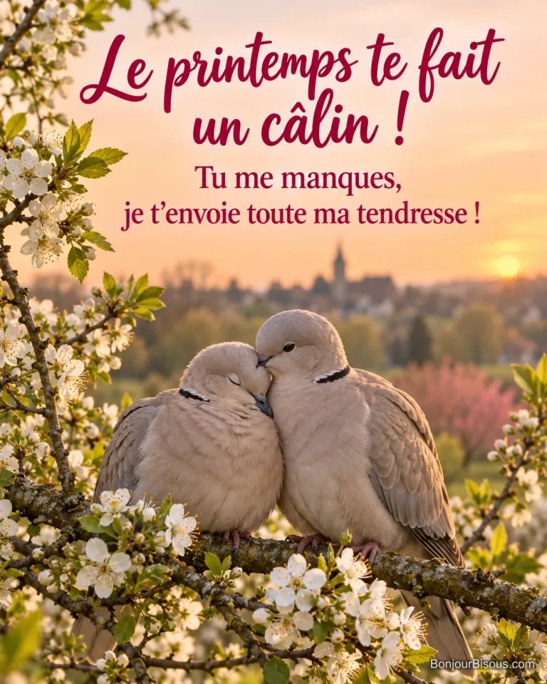 Deux tourterelles se blottissent tendrement sur une branche de prunier blanc en fleurs, avec le texte « Le printemps te fait un câlin ! Tu me manques, je t’envoie toute ma tendresse ! ».