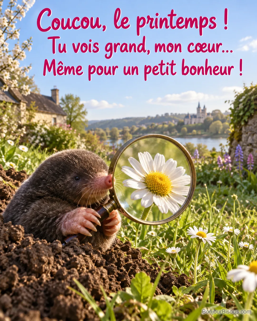 Une taupe observe une minuscule pâquerette à travers une grande loupe dans un jardin printanier, avec le texte « Coucou, le printemps ! Tu vois grand, mon cœur… Même pour un petit bonheur ! ». Une taupe observe une minuscule pâquerette à travers une grande loupe dans un jardin printanier, avec le texte « Coucou, le printemps ! Tu vois grand, mon cœur… Même pour un petit bonheur ! ».