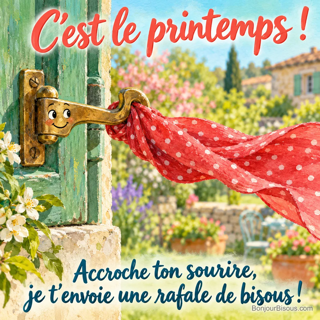 Un loquet souriant retient un foulard rouge que la brise printanière fait voler à la fenêtre, avec le texte « C’est le printemps ! Accroche ton sourire, je t’envoie une rafale de bisous ! ». Un loquet souriant retient un foulard rouge que la brise printanière fait voler à la fenêtre, avec le texte « C’est le printemps ! Accroche ton sourire, je t’envoie une rafale de bisous ! ».