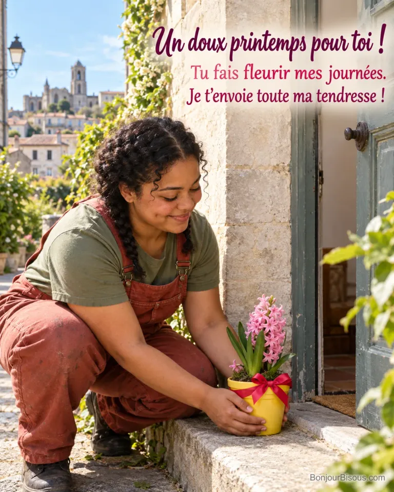 Une jeune mécanicienne dépose une jacinthe rose en pot sur le seuil d’une amie pour lui faire une surprise, avec le texte « Un doux printemps pour toi ! Tu fais fleurir mes journées. Je t’envoie toute ma tendresse ! ».