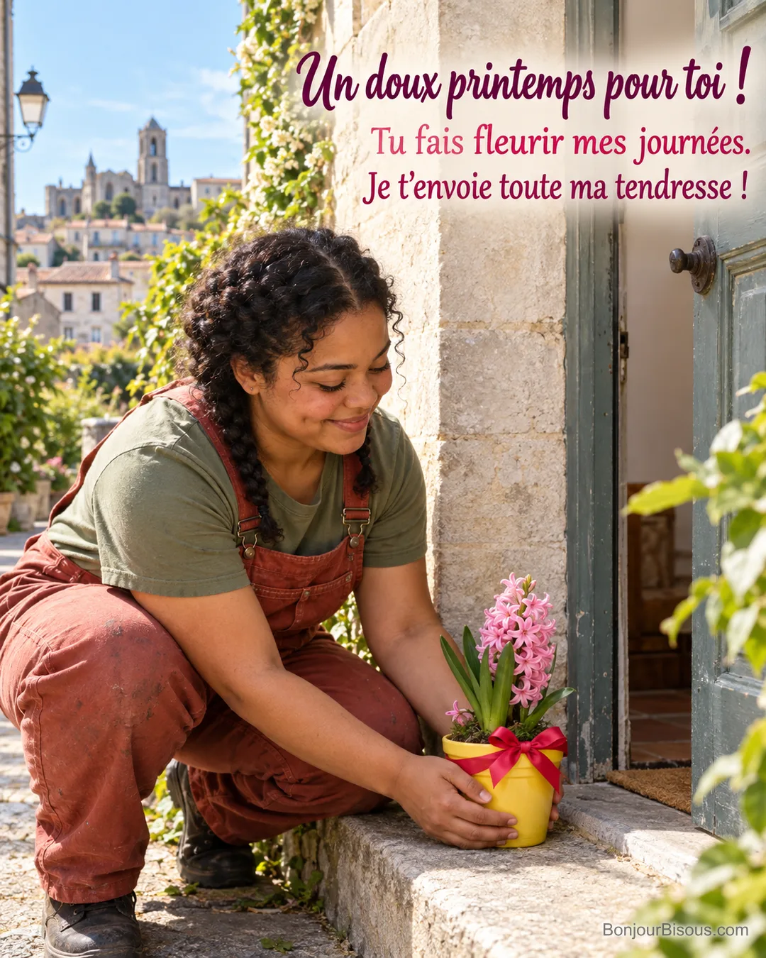 Une jeune mécanicienne dépose une jacinthe rose en pot sur le seuil d’une amie pour lui faire une surprise, avec le texte « Un doux printemps pour toi ! Tu fais fleurir mes journées. Je t’envoie toute ma tendresse ! ». Une jeune mécanicienne dépose une jacinthe rose en pot sur le seuil d’une amie pour lui faire une surprise, avec le texte « Un doux printemps pour toi ! Tu fais fleurir mes journées. Je t’envoie toute ma tendresse ! ».