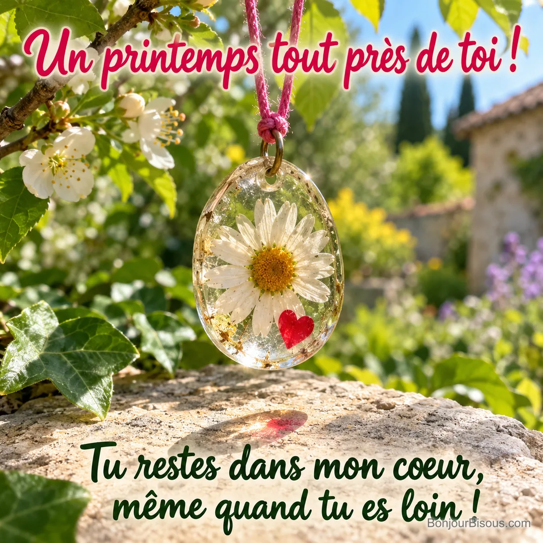 Un pendentif en résine contenant une pâquerette et un petit cœur rouge prend la lumière du printemps, avec le texte « Un printemps tout près de toi ! Tu restes dans mon cœur, même quand tu es loin ! ». Un pendentif en résine contenant une pâquerette et un petit cœur rouge prend la lumière du printemps, avec le texte « Un printemps tout près de toi ! Tu restes dans mon cœur, même quand tu es loin ! ».