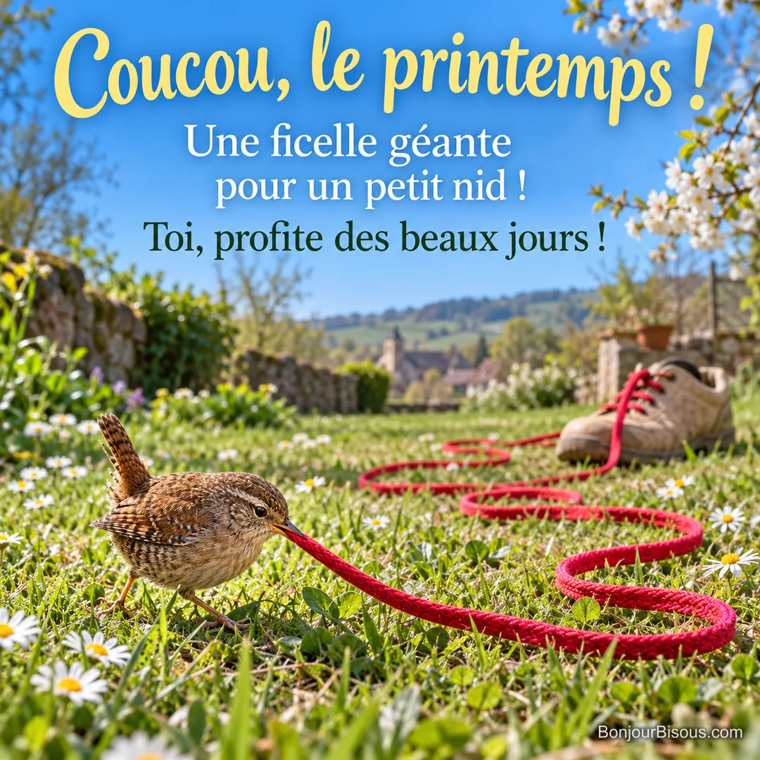 Un troglodyte tire un très long lacet rouge pour préparer son nid au jardin, avec le message « Coucou, le printemps ! Une ficelle géante pour un petit nid ! Toi, profite des beaux jours ! ». Un troglodyte tire un très long lacet rouge pour préparer son nid au jardin, avec le message « Coucou, le printemps ! Une ficelle géante pour un petit nid ! Toi, profite des beaux jours ! ».