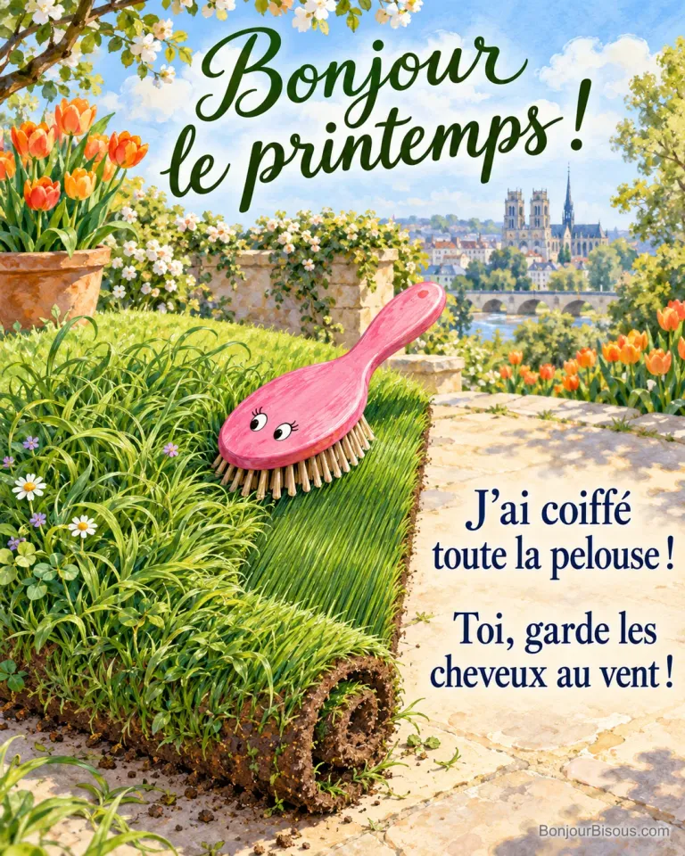 Une brosse à cheveux géante lisse un rouleau de gazon comme une énorme chevelure verte, avec le message « Bonjour le printemps ! J’ai coiffé toute la pelouse ! Toi, garde les cheveux au vent ! ».