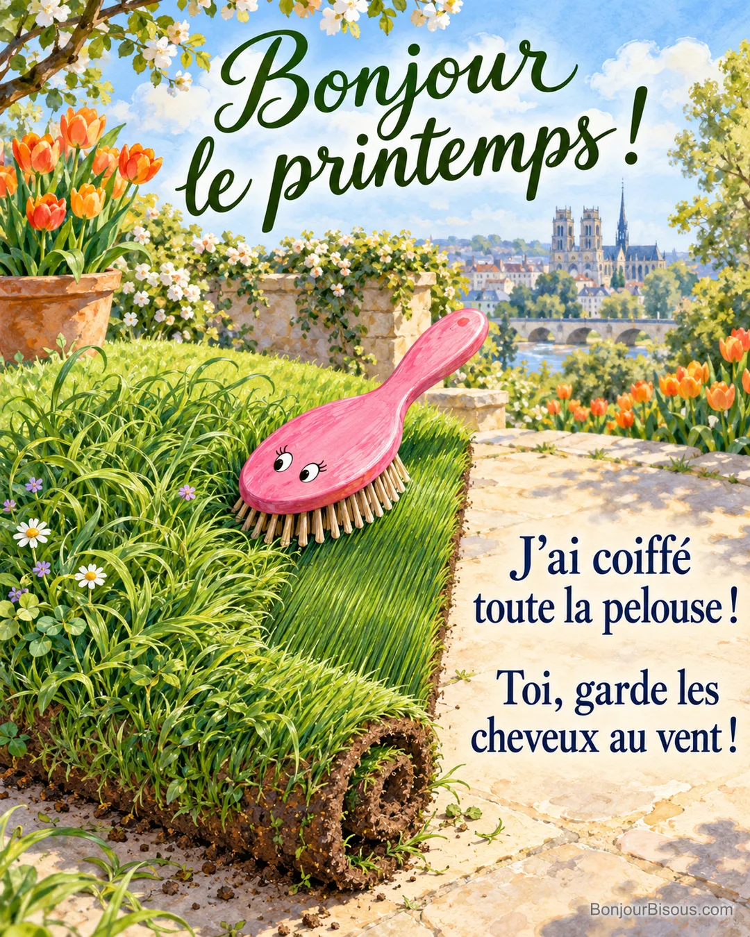 Une brosse à cheveux géante lisse un rouleau de gazon comme une énorme chevelure verte, avec le message « Bonjour le printemps ! J’ai coiffé toute la pelouse ! Toi, garde les cheveux au vent ! ». Une brosse à cheveux géante lisse un rouleau de gazon comme une énorme chevelure verte, avec le message « Bonjour le printemps ! J’ai coiffé toute la pelouse ! Toi, garde les cheveux au vent ! ».