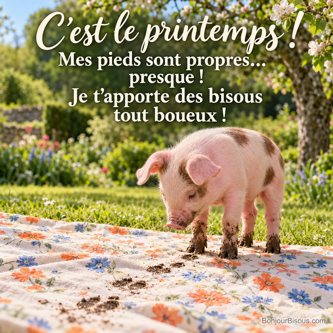 Un porcelet laisse une traînée d’empreintes boueuses sur un tapis de pique-nique fleuri au jardin, avec le message « C’est le printemps ! Mes pieds sont propres… presque ! Je t’apporte des bisous tout boueux ! ». Un porcelet laisse une traînée d’empreintes boueuses sur un tapis de pique-nique fleuri au jardin, avec le message « C’est le printemps ! Mes pieds sont propres… presque ! Je t’apporte des bisous tout boueux ! ».