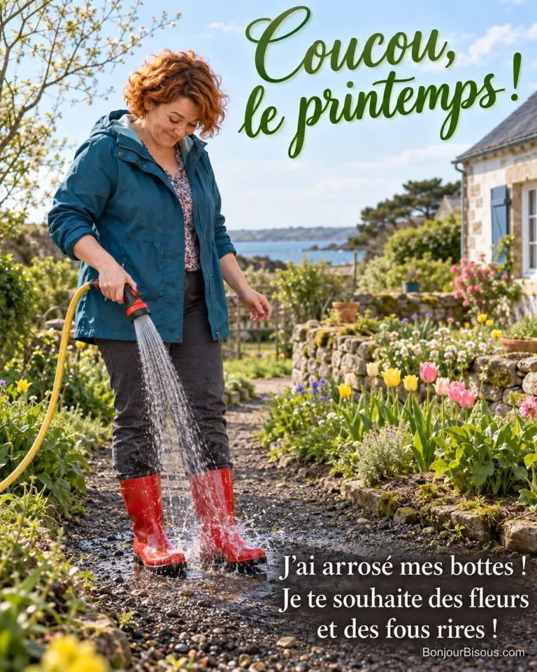 Une jardinière aux cheveux cuivre arrose par mégarde ses bottes rouges devant des tulipes jaunes et roses, avec le message « Coucou, le printemps ! J’ai arrosé mes bottes ! Je te souhaite des fleurs et des fous rires ! ».