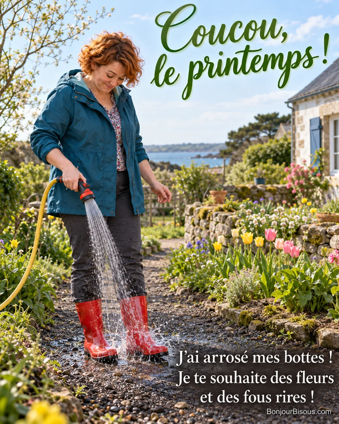 Une jardinière aux cheveux cuivre arrose par mégarde ses bottes rouges devant des tulipes jaunes et roses, avec le message « Coucou, le printemps ! J’ai arrosé mes bottes ! Je te souhaite des fleurs et des fous rires ! ».