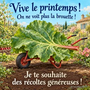 Une gigantesque feuille de rhubarbe recouvre la cuve d’une brouette rouge dont dépassent la roue et les deux poignées, avec le message « Vive le printemps ! On ne voit plus la brouette ! Je te souhaite des récoltes généreuses ! ».