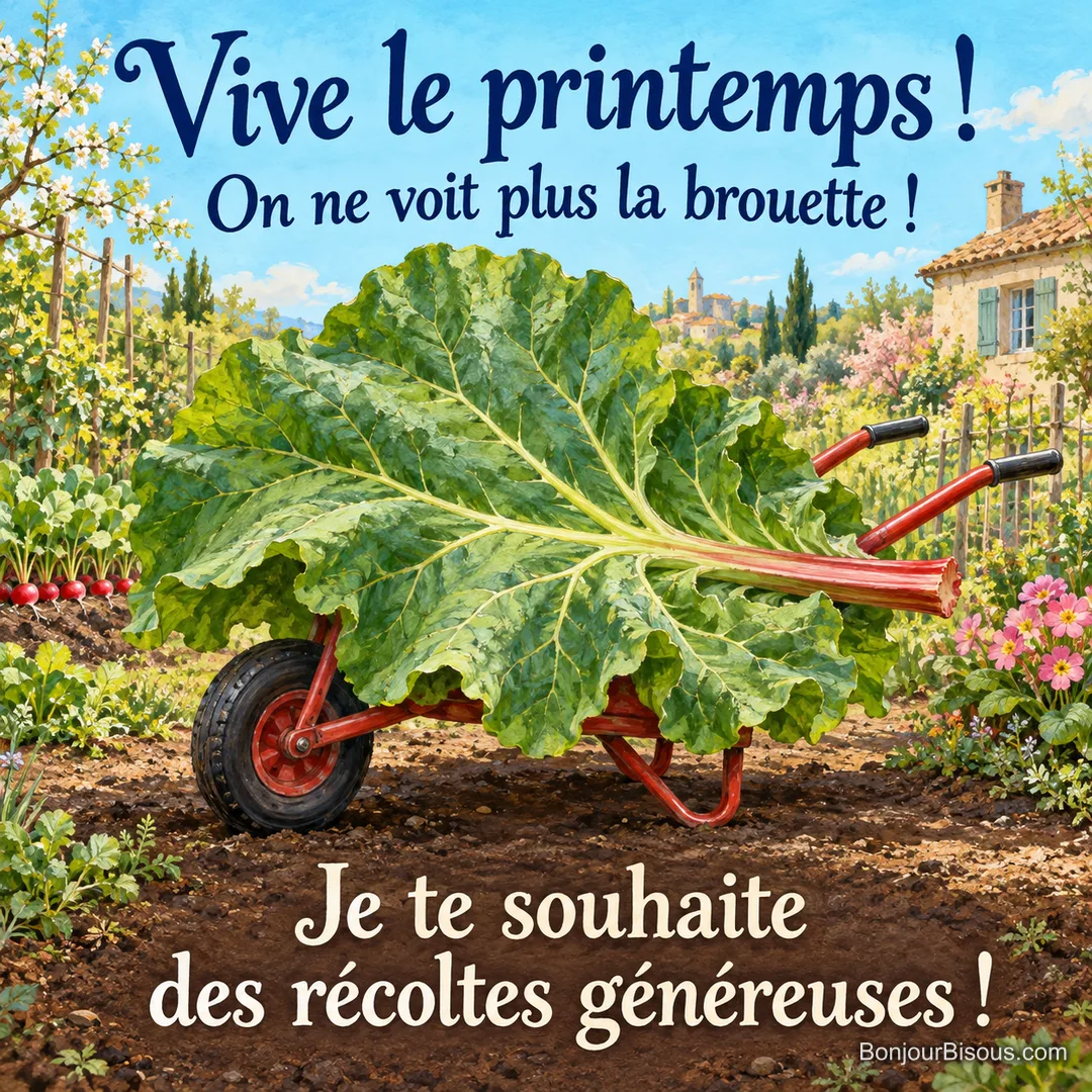 Une gigantesque feuille de rhubarbe recouvre la cuve d’une brouette rouge dont dépassent la roue et les deux poignées, avec le message « Vive le printemps ! On ne voit plus la brouette ! Je te souhaite des récoltes généreuses ! ».