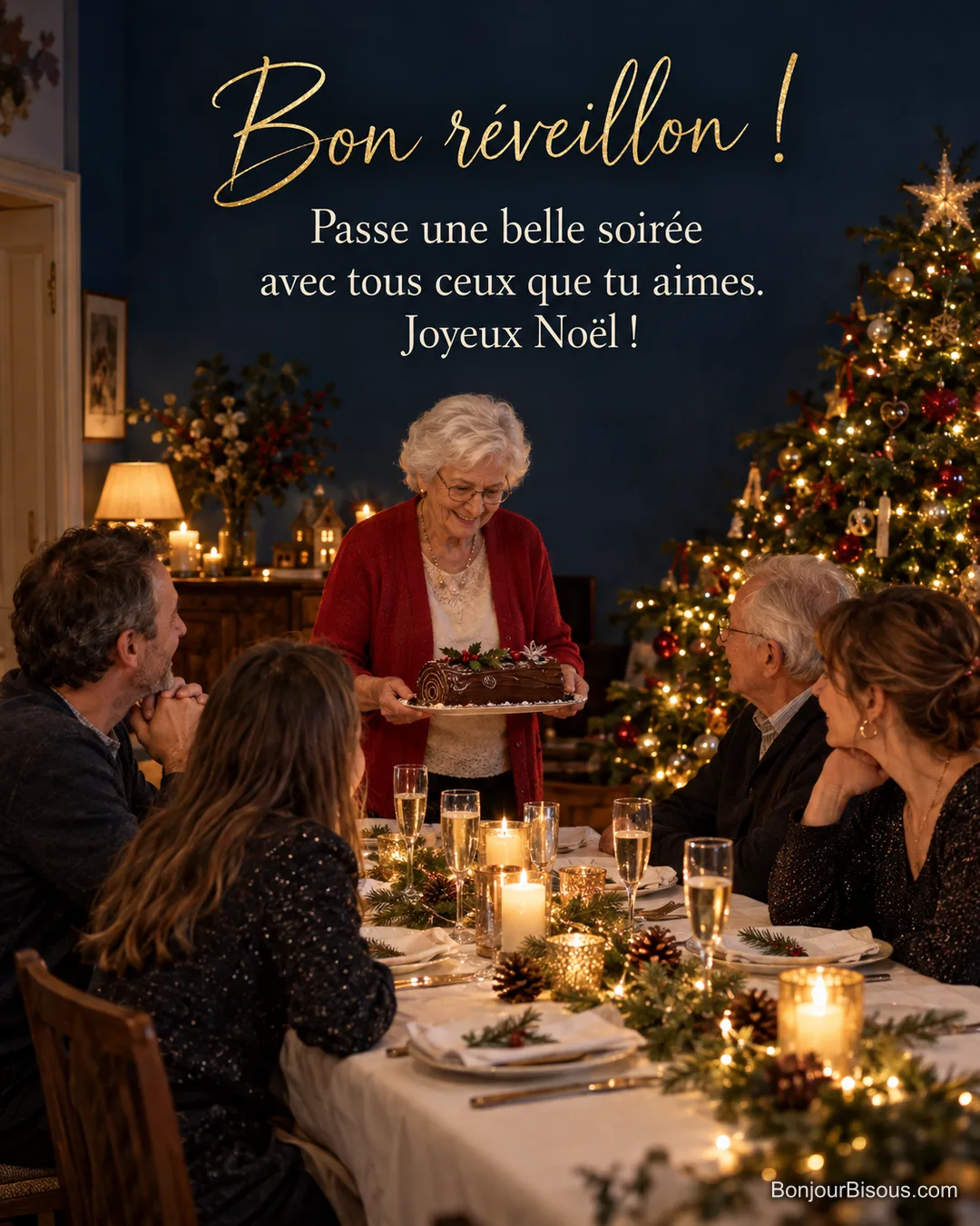 Photo d’une grand-mère en gilet rouge qui apporte une bûche au chocolat à la table du réveillon, avec bougies, coupes de champagne et sapin illuminé, avec le texte « Bon réveillon ! Passe une belle soirée avec tous ceux que tu aimes. Joyeux Noël ! » Photo d’une grand-mère en gilet rouge qui apporte une bûche au chocolat à la table du réveillon, avec bougies, coupes de champagne et sapin illuminé, avec le texte « Bon réveillon ! Passe une belle soirée avec tous ceux que tu aimes. Joyeux Noël ! »