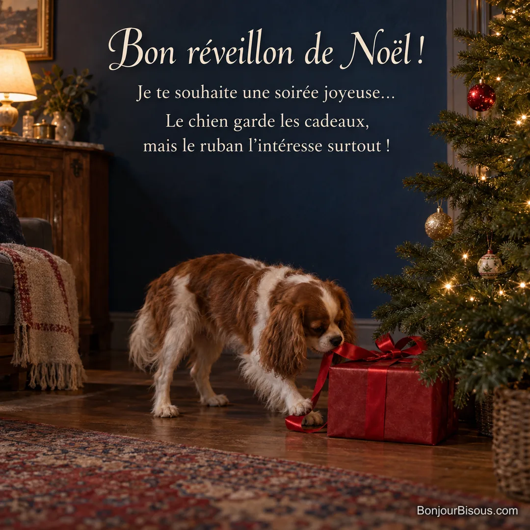 Un spaniel touche le ruban d’un cadeau au pied du sapin le soir du réveillon, avec le texte « Bon réveillon de Noël ! Je te souhaite une soirée joyeuse… Le chien garde les cadeaux, mais le ruban l’intéresse surtout ! ». Un spaniel touche le ruban d’un cadeau au pied du sapin le soir du réveillon, avec le texte « Bon réveillon de Noël ! Je te souhaite une soirée joyeuse… Le chien garde les cadeaux, mais le ruban l’intéresse surtout ! ».