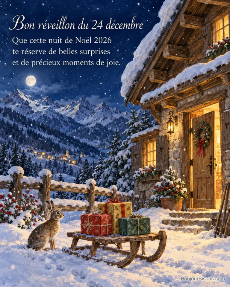 Un lièvre observe trois cadeaux sur un traîneau devant un chalet éclairé, avec le texte « Bon réveillon du 24 décembre Que cette nuit de Noël 2026 te réserve de belles surprises et de précieux moments de joie. ».