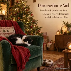 Un chat noir et blanc dort dans un fauteuil vert près du sapin illuminé, avec le texte « Doux réveillon de Noël Installe-toi, profite des tiens… Le chat a réservé le fauteuil, mais il te laisse les câlins ! ».