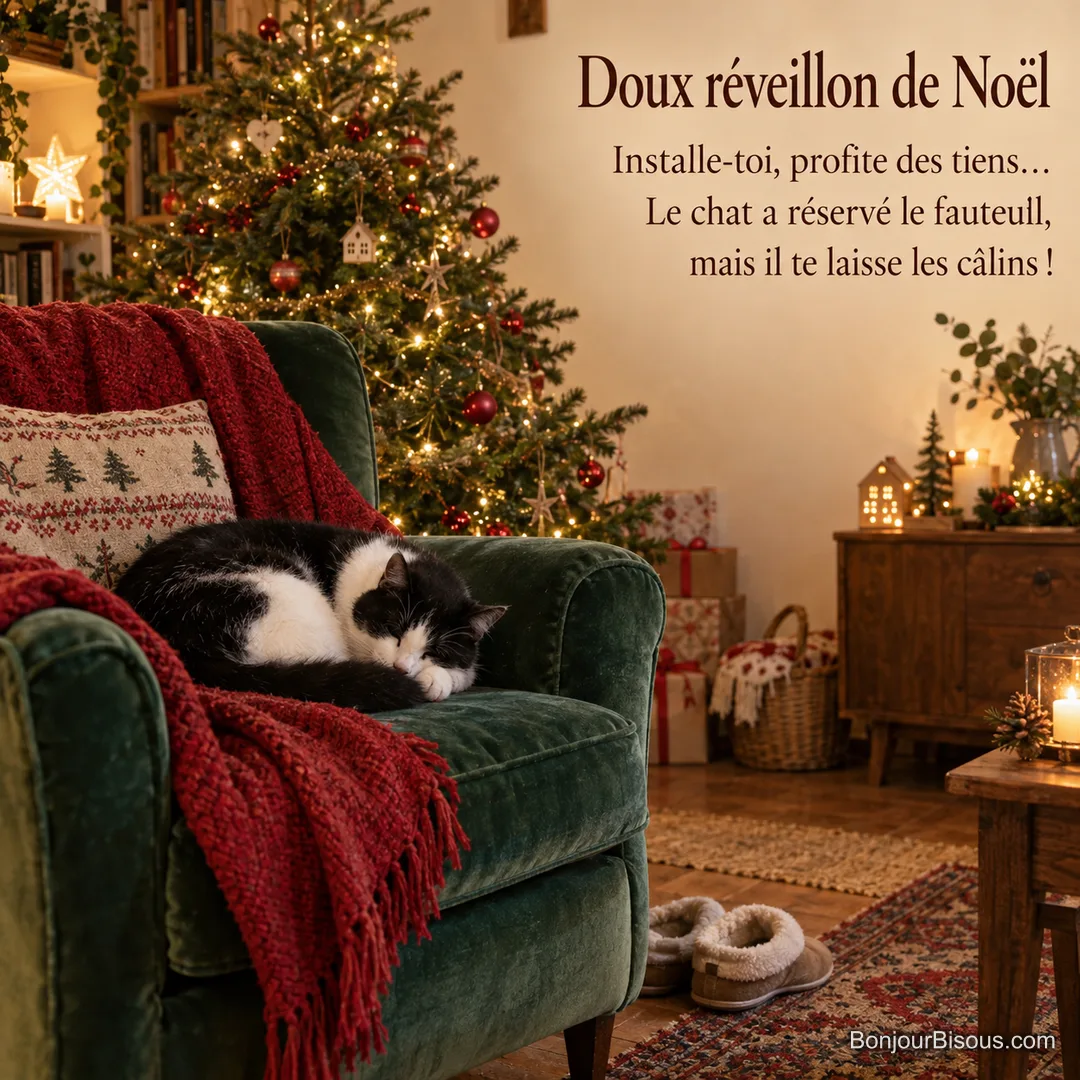 Un chat noir et blanc dort dans un fauteuil vert près du sapin illuminé, avec le texte « Doux réveillon de Noël Installe-toi, profite des tiens… Le chat a réservé le fauteuil, mais il te laisse les câlins ! ». Un chat noir et blanc dort dans un fauteuil vert près du sapin illuminé, avec le texte « Doux réveillon de Noël Installe-toi, profite des tiens… Le chat a réservé le fauteuil, mais il te laisse les câlins ! ».