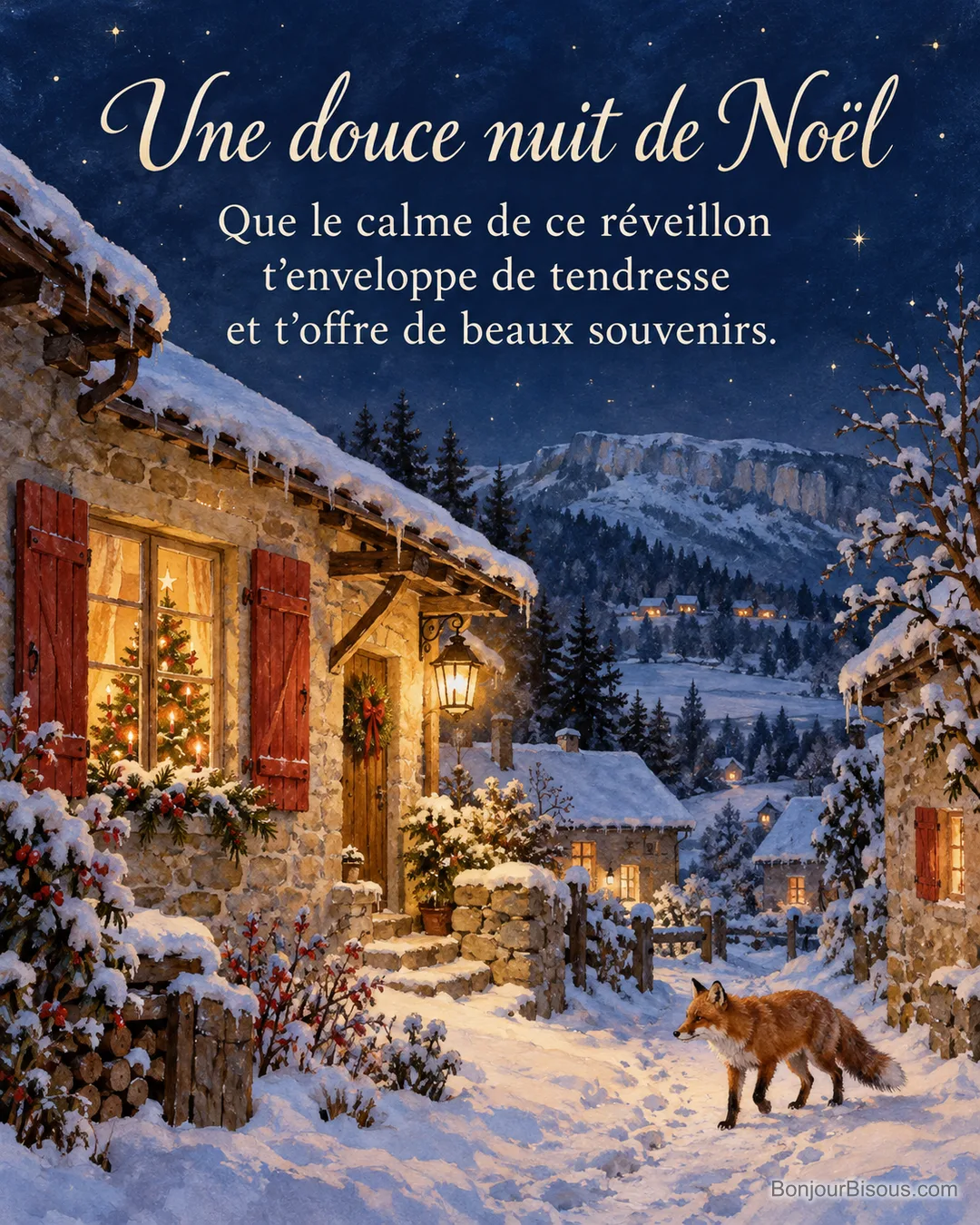 Un renard suit un chemin enneigé devant une maison éclairée et décorée pour Noël, avec le texte « Une douce nuit de Noël Que le calme de ce réveillon t’enveloppe de tendresse et t’offre de beaux souvenirs. ». Un renard suit un chemin enneigé devant une maison éclairée et décorée pour Noël, avec le texte « Une douce nuit de Noël Que le calme de ce réveillon t’enveloppe de tendresse et t’offre de beaux souvenirs. ».