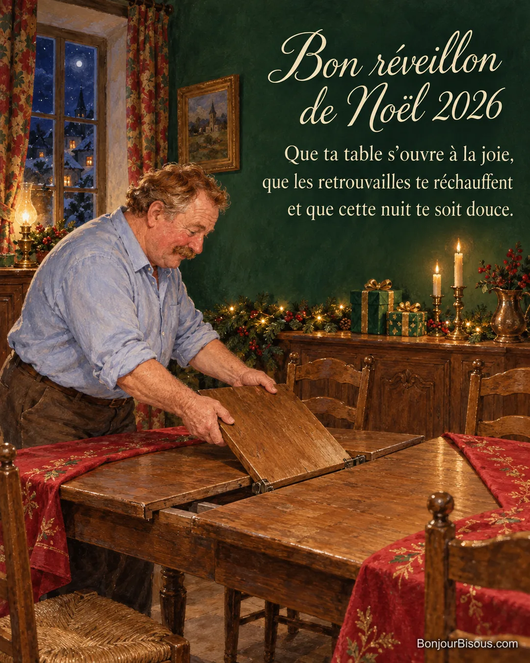 Un homme ouvre la rallonge d’une table rouge et verte pour le réveillon de Noël, avec le message « Bon réveillon de Noël 2026 Que ta table s’ouvre à la joie, que les retrouvailles te réchauffent et que cette nuit te soit douce. ». Un homme ouvre la rallonge d’une table rouge et verte pour le réveillon de Noël, avec le message « Bon réveillon de Noël 2026 Que ta table s’ouvre à la joie, que les retrouvailles te réchauffent et que cette nuit te soit douce. ».