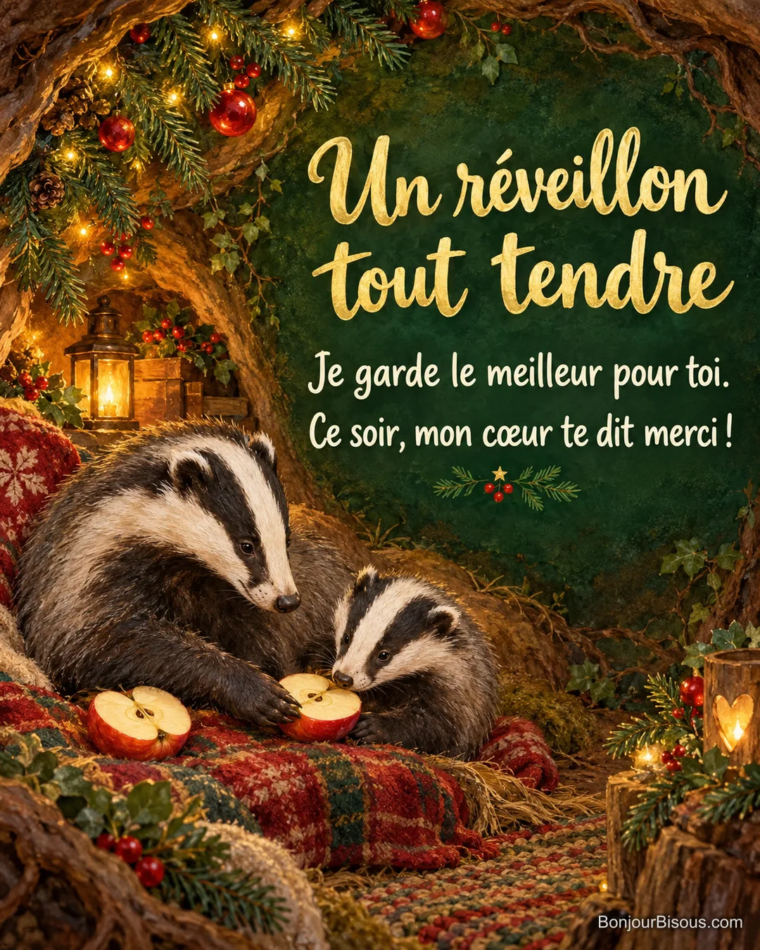 Un blaireau adulte offre la moitié de sa pomme rouge à son petit blotti près de lui sous les décorations de Noël. Le message est : « Un réveillon tout tendre Je garde le meilleur pour toi. Ce soir, mon cœur te dit merci ! ». Un blaireau adulte offre la moitié de sa pomme rouge à son petit blotti près de lui sous les décorations de Noël. Le message est : « Un réveillon tout tendre Je garde le meilleur pour toi. Ce soir, mon cœur te dit merci ! ».