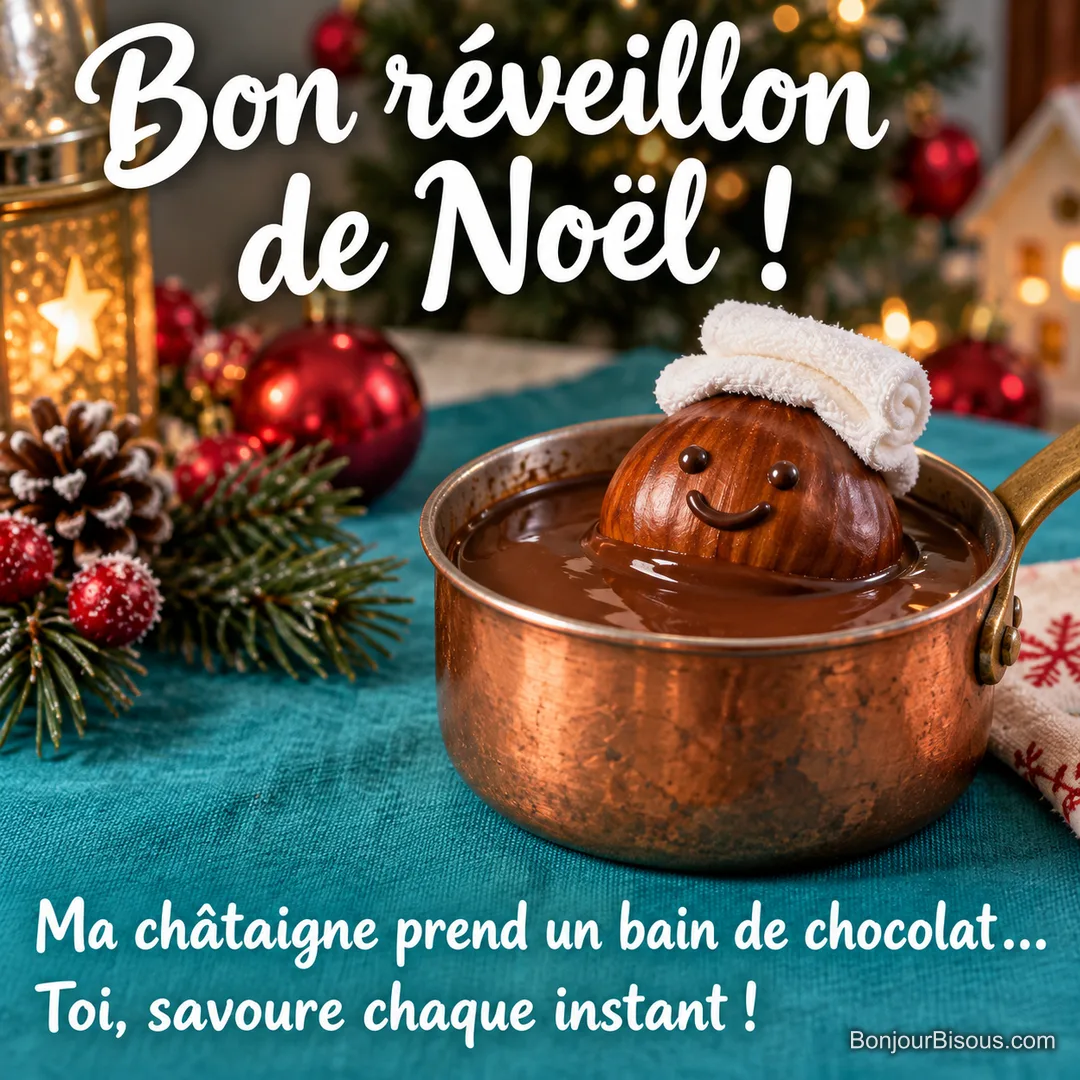 Une châtaigne au sourire de chocolat se prélasse dans une minuscule casserole de chocolat fondu, un linge blanc sur la tête. Le message est : « Bon réveillon de Noël ! Ma châtaigne prend un bain de chocolat… Toi, savoure chaque instant ! ». Une châtaigne au sourire de chocolat se prélasse dans une minuscule casserole de chocolat fondu, un linge blanc sur la tête. Le message est : « Bon réveillon de Noël ! Ma châtaigne prend un bain de chocolat… Toi, savoure chaque instant ! ».