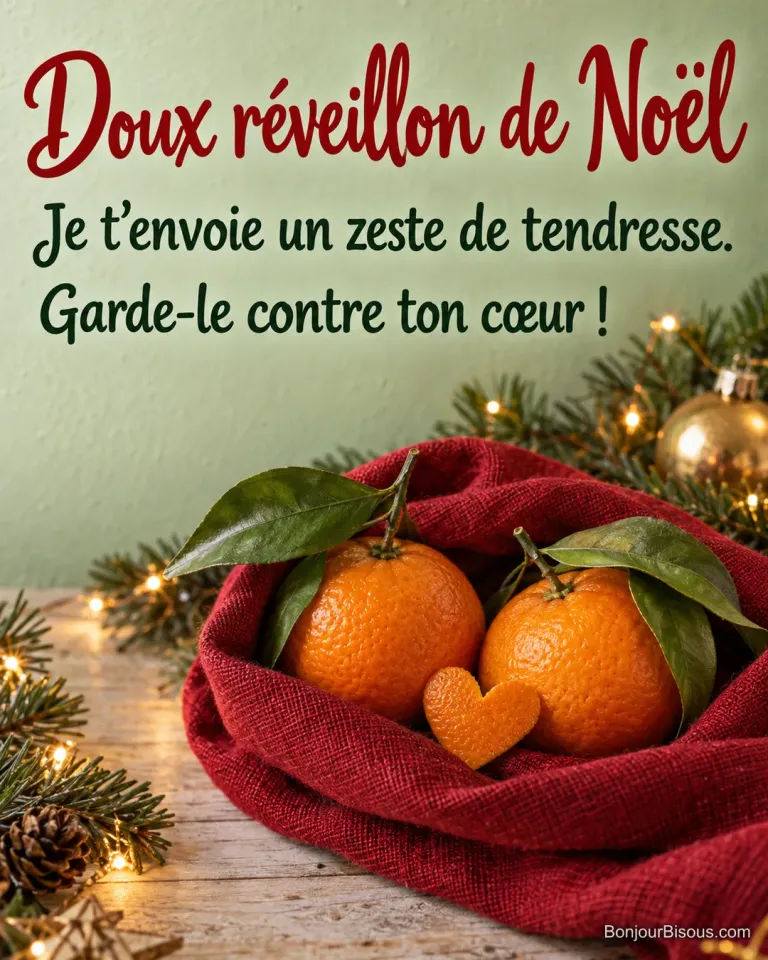 Deux mandarines aux feuilles vertes se serrent dans un nid de lin rouge au milieu des décorations de Noël. Le message est : « Doux réveillon de Noël Je t’envoie un zeste de tendresse. Garde-le contre ton cœur ! ».