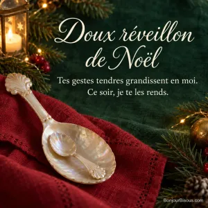 Une petite cuillère en nacre est blottie dans le creux d’une grande cuillère sur du lin rouge. Le message est : « Doux réveillon de Noël Tes gestes tendres grandissent en moi. Ce soir, je te les rends. ».