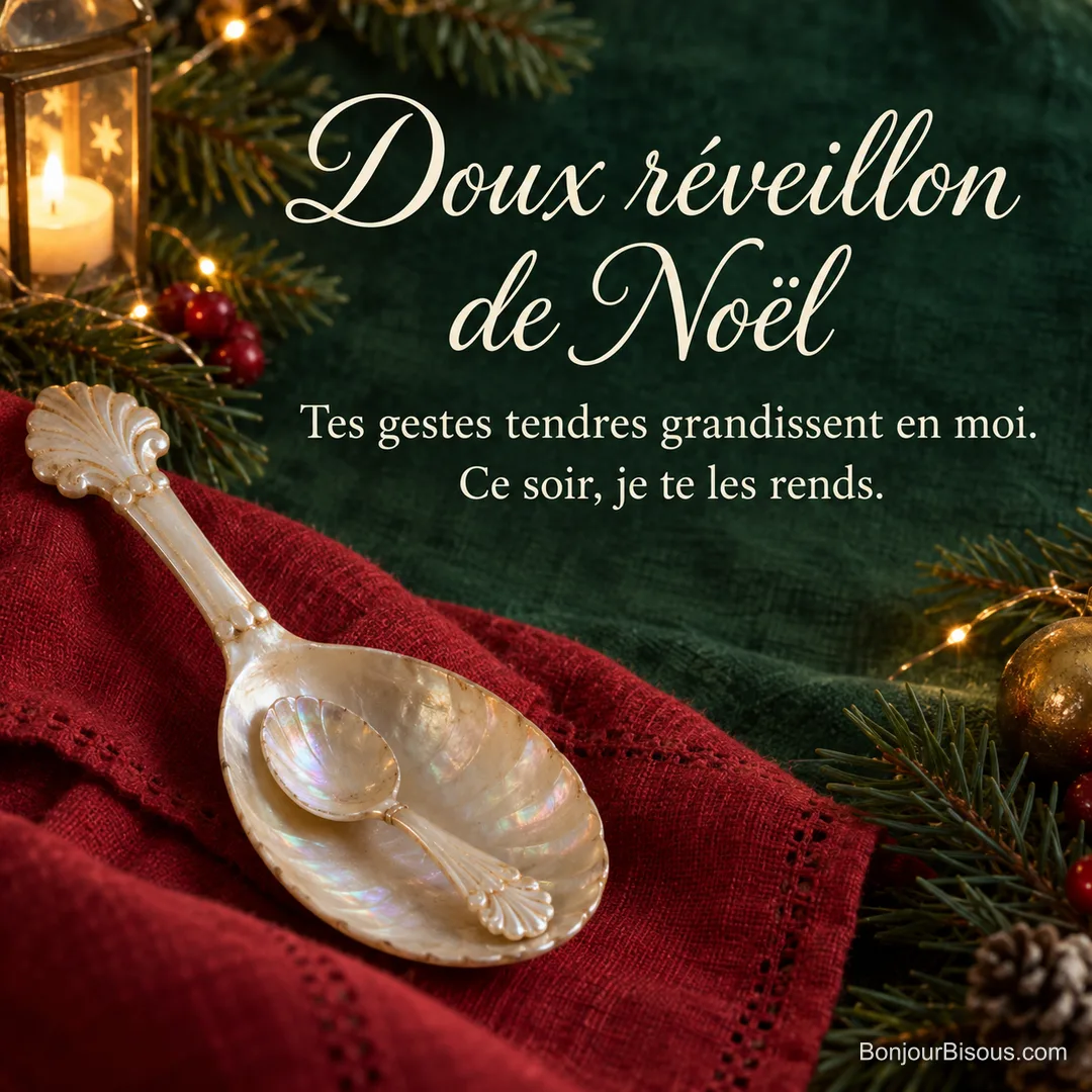 Une petite cuillère en nacre est blottie dans le creux d’une grande cuillère sur du lin rouge. Le message est : « Doux réveillon de Noël Tes gestes tendres grandissent en moi. Ce soir, je te les rends. ». Une petite cuillère en nacre est blottie dans le creux d’une grande cuillère sur du lin rouge. Le message est : « Doux réveillon de Noël Tes gestes tendres grandissent en moi. Ce soir, je te les rends. ».
