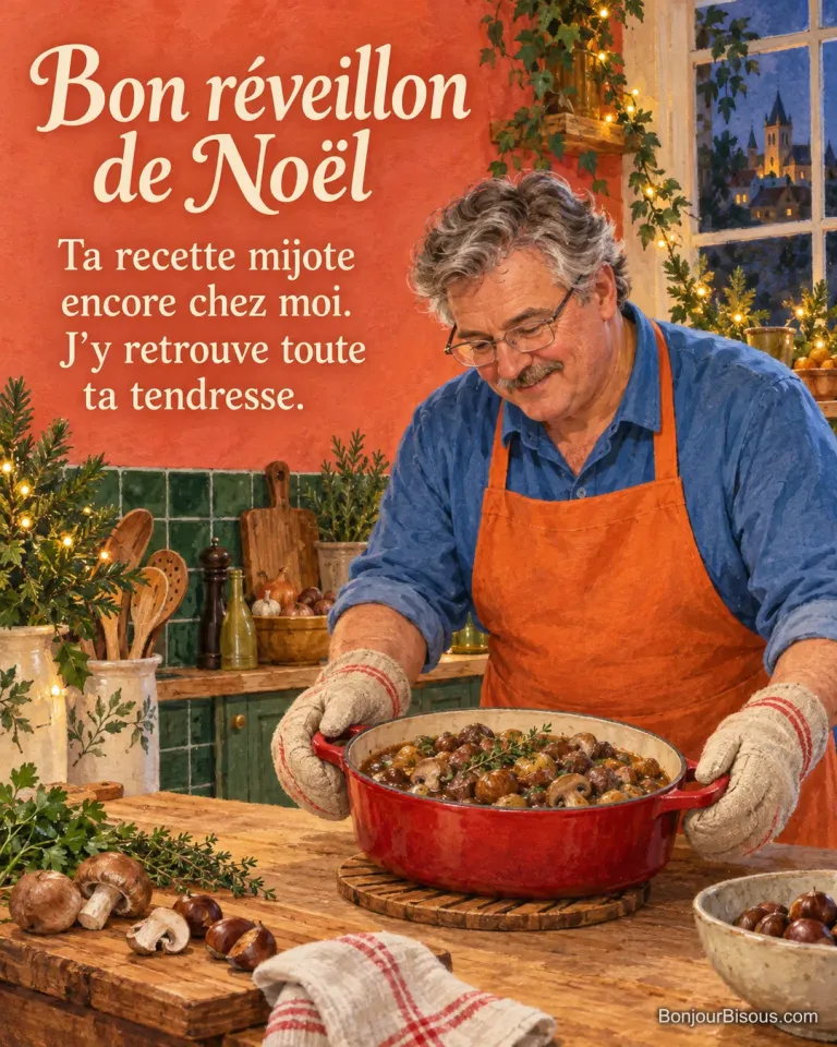 Un homme pose une cocotte rouge contenant une recette de châtaignes et champignons pour Noël. Le message est : « Bon réveillon de Noël Ta recette mijote encore chez moi. J’y retrouve toute ta tendresse. ».