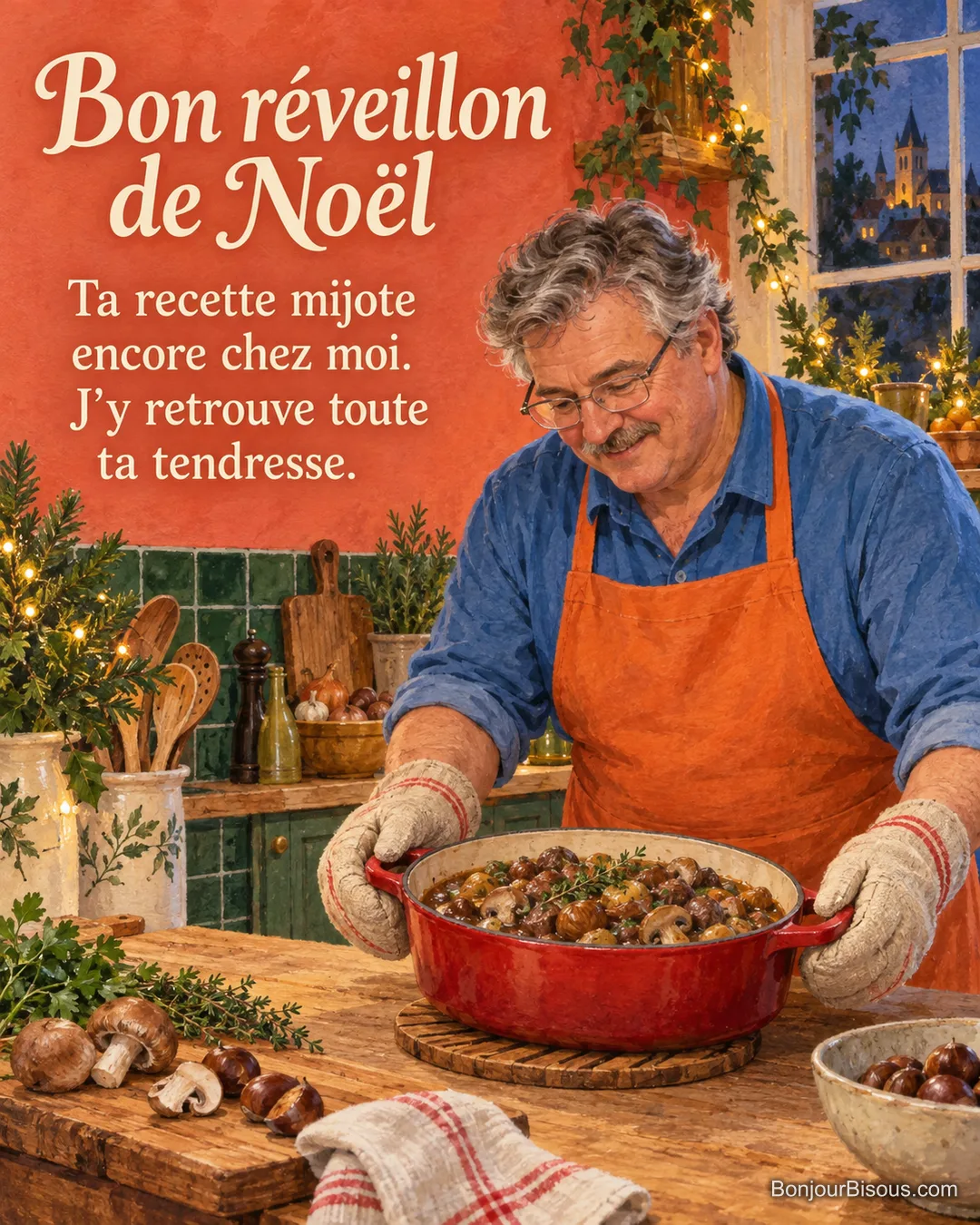 Un homme pose une cocotte rouge contenant une recette de châtaignes et champignons pour Noël. Le message est : « Bon réveillon de Noël Ta recette mijote encore chez moi. J’y retrouve toute ta tendresse. ». Un homme pose une cocotte rouge contenant une recette de châtaignes et champignons pour Noël. Le message est : « Bon réveillon de Noël Ta recette mijote encore chez moi. J’y retrouve toute ta tendresse. ».