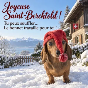 Un teckel porte un bonnet trop long dans un jardin suisse enneigé. Le message indique « Joyeuse Saint-Berchtold ! Tu peux souffler… Le bonnet travaille pour toi ! ».