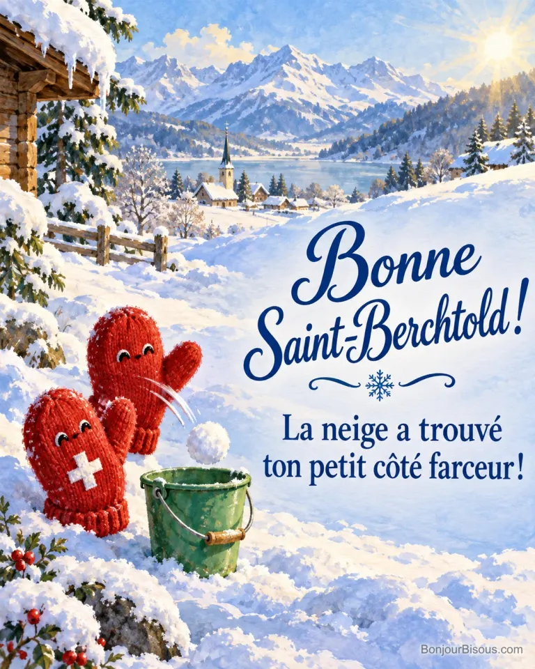 Deux moufles rouges jouent avec une boule de neige près d’un seau vert. Le message indique « Bonne Saint-Berchtold ! La neige a trouvé ton petit côté farceur ! ».
