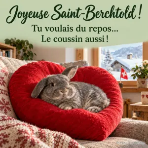 Un lapin gris occupe entièrement un coussin rouge en forme de cœur. Le message indique « Joyeuse Saint-Berchtold ! Tu voulais du repos… Le coussin aussi ! ».