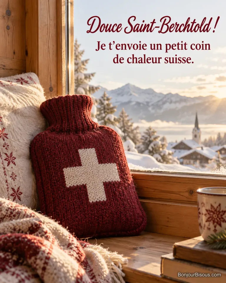 Une bouillotte bordeaux à croix blanche repose au chaud près d’une fenêtre enneigée. Le message indique « Douce Saint-Berchtold ! Je t’envoie un petit coin de chaleur suisse. ».