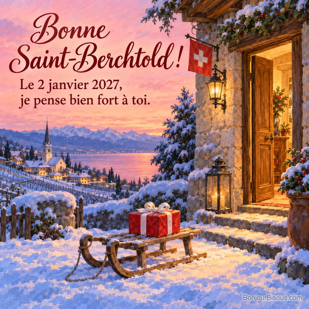 Une luge porte un cadeau rouge devant une maison suisse chaleureusement éclairée. Le message indique « Bonne Saint-Berchtold ! Le 2 janvier 2027, je pense bien fort à toi. ». Une luge porte un cadeau rouge devant une maison suisse chaleureusement éclairée. Le message indique « Bonne Saint-Berchtold ! Le 2 janvier 2027, je pense bien fort à toi. ».
