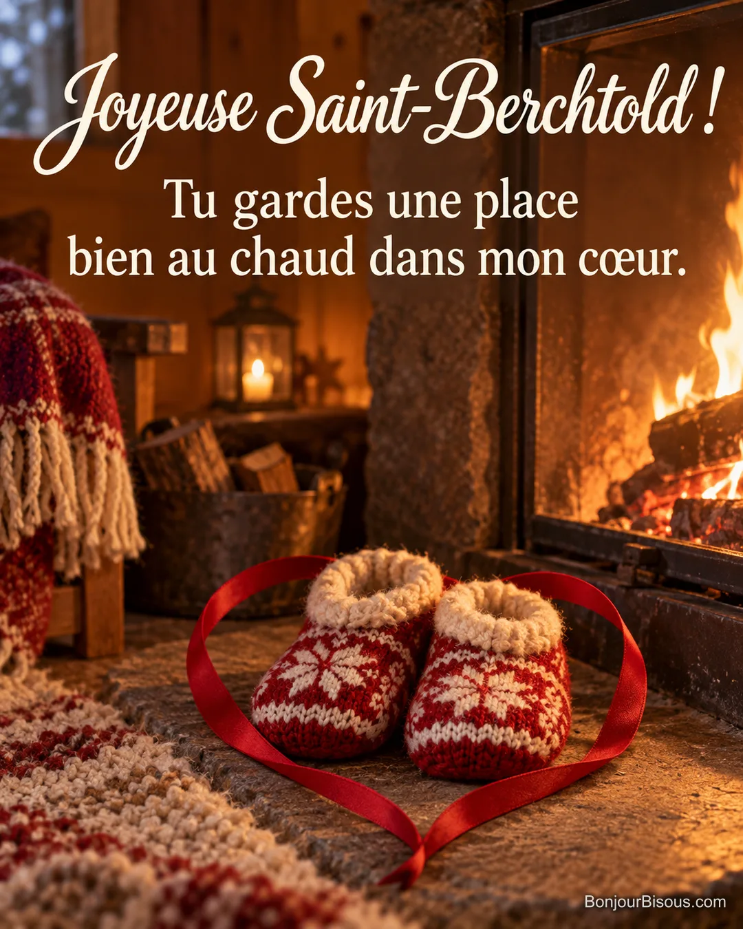 Deux chaussons de laine rouge et blanc sont blottis près d’un feu de bois. Le message indique « Joyeuse Saint-Berchtold ! Tu gardes une place bien au chaud dans mon cœur. ». Deux chaussons de laine rouge et blanc sont blottis près d’un feu de bois. Le message indique « Joyeuse Saint-Berchtold ! Tu gardes une place bien au chaud dans mon cœur. ».