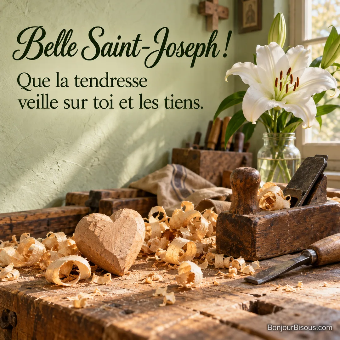 Un rabot et des copeaux entourent un cœur de bois et un lys blanc dans un atelier. Le message indique « Belle Saint-Joseph ! Que la tendresse veille sur toi et les tiens. ». Un rabot et des copeaux entourent un cœur de bois et un lys blanc dans un atelier. Le message indique « Belle Saint-Joseph ! Que la tendresse veille sur toi et les tiens. ».