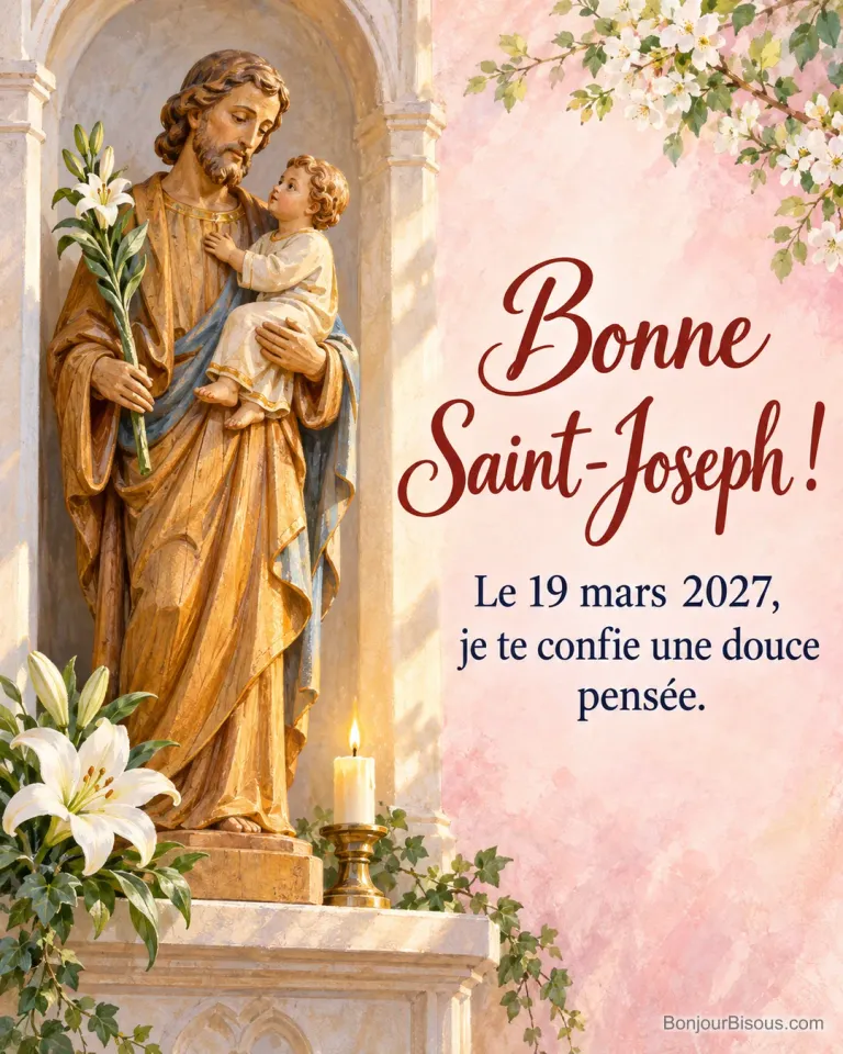 Une sculpture de saint Joseph portant l’enfant Jésus est accompagnée d’un lys blanc. Le message indique « Bonne Saint-Joseph ! Le 19 mars 2027, je te confie une douce pensée. ».