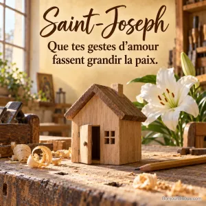 Une petite maison de bois à la porte ouverte symbolise un foyer accueillant pour la Saint-Joseph. Le message indique « Saint-Joseph Que tes gestes d’amour fassent grandir la paix. ».