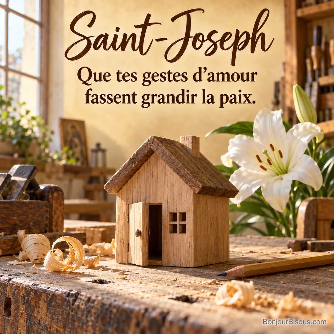 Une petite maison de bois à la porte ouverte symbolise un foyer accueillant pour la Saint-Joseph. Le message indique « Saint-Joseph Que tes gestes d’amour fassent grandir la paix. ». Une petite maison de bois à la porte ouverte symbolise un foyer accueillant pour la Saint-Joseph. Le message indique « Saint-Joseph Que tes gestes d’amour fassent grandir la paix. ».