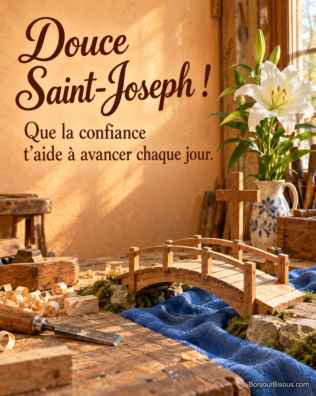 Une maquette de pont en bois et un lys blanc symbolisent la confiance pour la Saint-Joseph. Le message indique « Douce Saint-Joseph ! Que la confiance t’aide à avancer chaque jour. ». Une maquette de pont en bois et un lys blanc symbolisent la confiance pour la Saint-Joseph. Le message indique « Douce Saint-Joseph ! Que la confiance t’aide à avancer chaque jour. ».