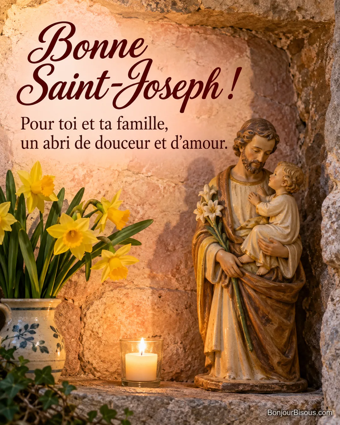 Une sculpture de saint Joseph et de l’enfant Jésus est éclairée près de narcisses jaunes. Le message indique « Bonne Saint-Joseph ! Pour toi et ta famille, un abri de douceur et d’amour. ». Une sculpture de saint Joseph et de l’enfant Jésus est éclairée près de narcisses jaunes. Le message indique « Bonne Saint-Joseph ! Pour toi et ta famille, un abri de douceur et d’amour. ».