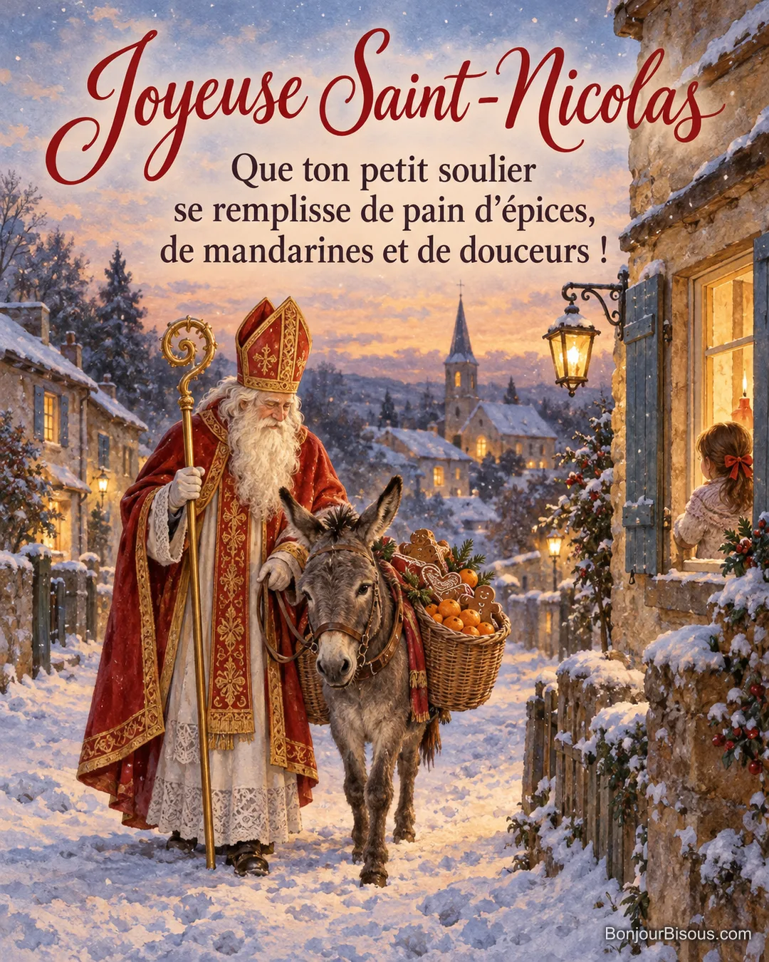Peinture de saint Nicolas en manteau d’évêque rouge et or, crosse dorée, qui mène son âne chargé de paniers dans une rue enneigée, une fillette à la fenêtre, avec le texte « Joyeuse Saint-Nicolas – Que ton petit soulier se remplisse de pain d’épices, de mandarines et de douceurs ! » Peinture de saint Nicolas en manteau d’évêque rouge et or, crosse dorée, qui mène son âne chargé de paniers dans une rue enneigée, une fillette à la fenêtre, avec le texte « Joyeuse Saint-Nicolas – Que ton petit soulier se remplisse de pain d’épices, de mandarines et de douceurs ! »