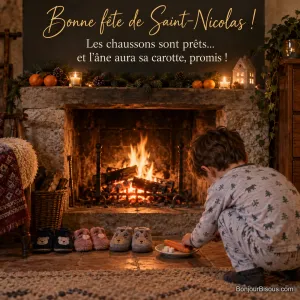 Photo d’un petit garçon en pyjama accroupi devant une cheminée allumée, qui pose une carotte et des sucres près d’une rangée de chaussons, mandarines sur le manteau, avec le texte « Bonne fête de Saint-Nicolas ! Les chaussons sont prêts… et l’âne aura sa carotte, promis ! »