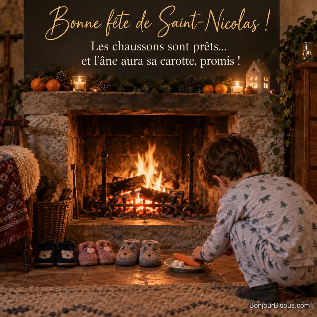 Photo d’un petit garçon en pyjama accroupi devant une cheminée allumée, qui pose une carotte et des sucres près d’une rangée de chaussons, mandarines sur le manteau, avec le texte « Bonne fête de Saint-Nicolas ! Les chaussons sont prêts… et l’âne aura sa carotte, promis ! » Photo d’un petit garçon en pyjama accroupi devant une cheminée allumée, qui pose une carotte et des sucres près d’une rangée de chaussons, mandarines sur le manteau, avec le texte « Bonne fête de Saint-Nicolas ! Les chaussons sont prêts… et l’âne aura sa carotte, promis ! »