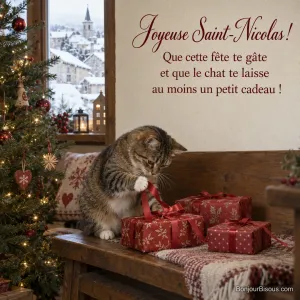 Un chat tigré tient le ruban de trois cadeaux rouges sur un banc près du sapin, avec le texte « Joyeuse Saint-Nicolas ! Que cette fête te gâte et que le chat te laisse au moins un petit cadeau ! ».