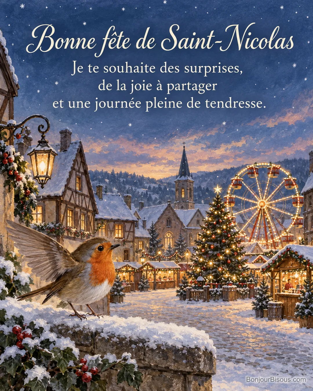 Un rouge-gorge ouvre ses ailes devant un village enneigé, son sapin illuminé et sa grande roue, avec le texte « Bonne fête de Saint-Nicolas Je te souhaite des surprises, de la joie à partager et une journée pleine de tendresse. ». Un rouge-gorge ouvre ses ailes devant un village enneigé, son sapin illuminé et sa grande roue, avec le texte « Bonne fête de Saint-Nicolas Je te souhaite des surprises, de la joie à partager et une journée pleine de tendresse. ».