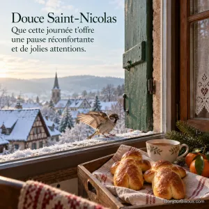 Un moineau se pose à une fenêtre alsacienne près de deux manneles et d’une tasse de thé, avec le texte « Douce Saint-Nicolas Que cette journée t’offre une pause réconfortante et de jolies attentions. ».