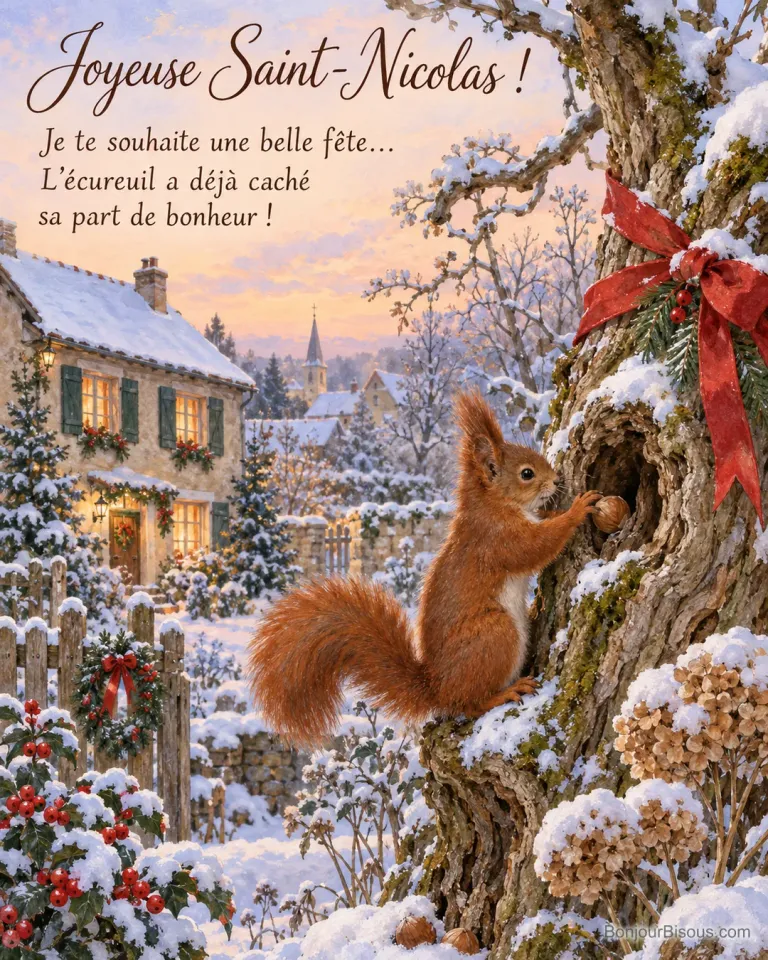 Un écureuil roux cache une noisette dans un arbre décoré d’un ruban rouge, devant une maison enneigée, avec le texte « Joyeuse Saint-Nicolas ! Je te souhaite une belle fête… L’écureuil a déjà caché sa part de bonheur ! ».